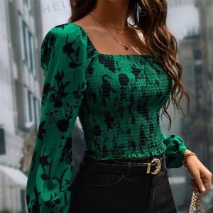 Floral Print Square Neck Lantern Sleeve Blouse